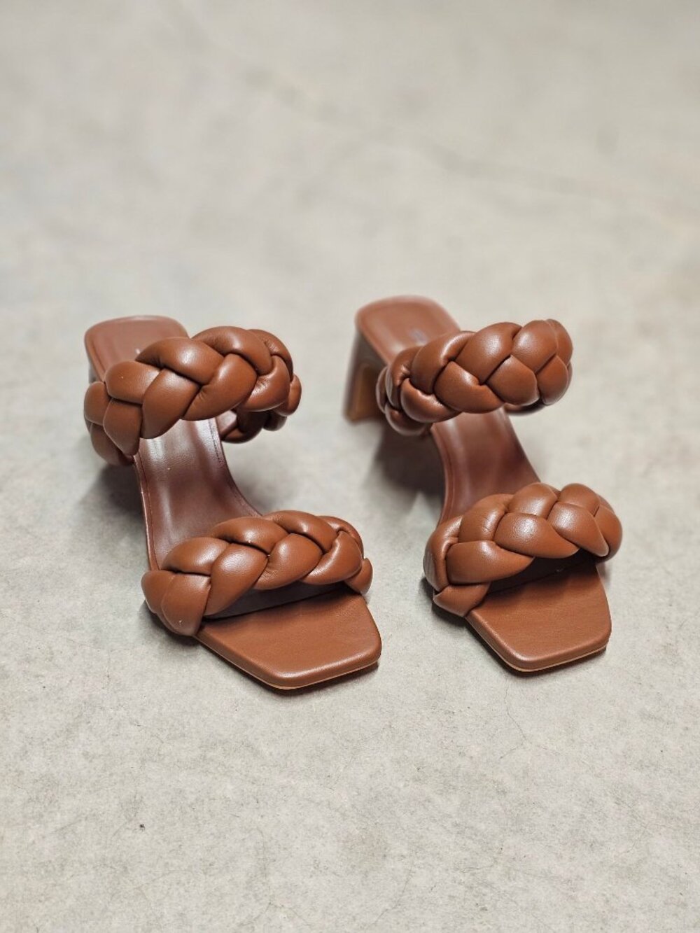 Braided Brown Block Heel Sandals With Square Toe Womens Stylish Open-Toe Slip-On - Picture 4 of 12